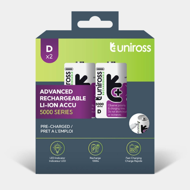 2 Piles Rechargeables USB-C D / HR20 Uniross Advanced Li-Ion 1,5V Accu
