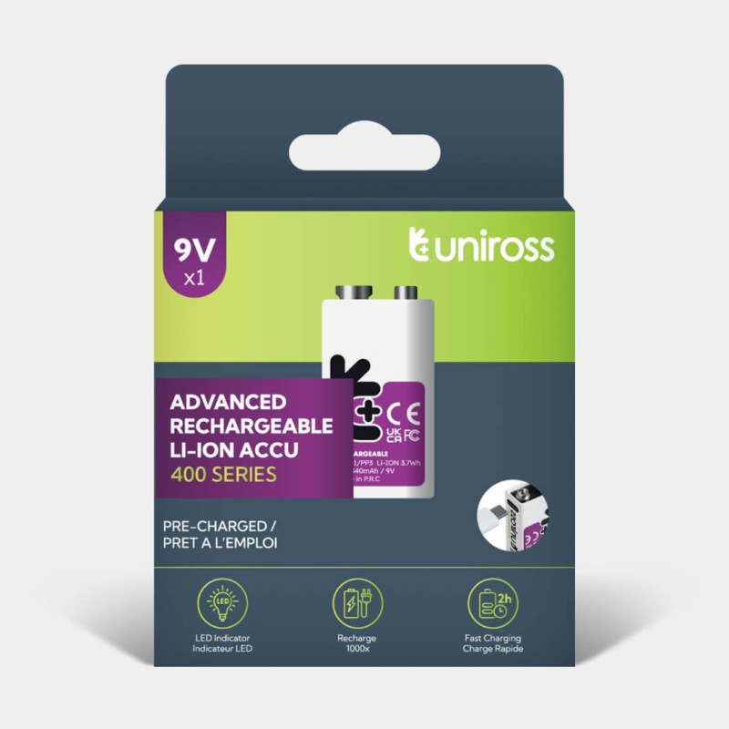 Pile Rechargeable USB-C 9V / 6HR61 / PP3 Uniross Advanced Li-Ion Accu
