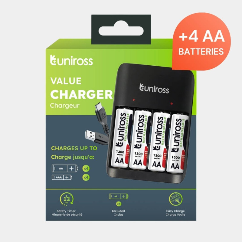 Chargeur Uniross Value Charger avec 4 piles AA