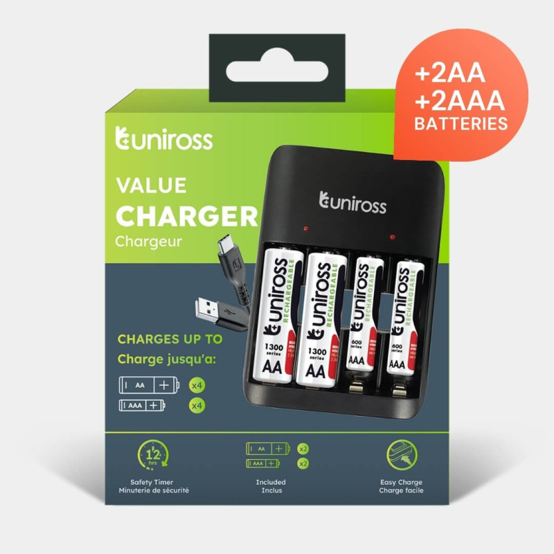 Chargeur Uniross Value Charger avec 2 piles AA et 2 piles AAA