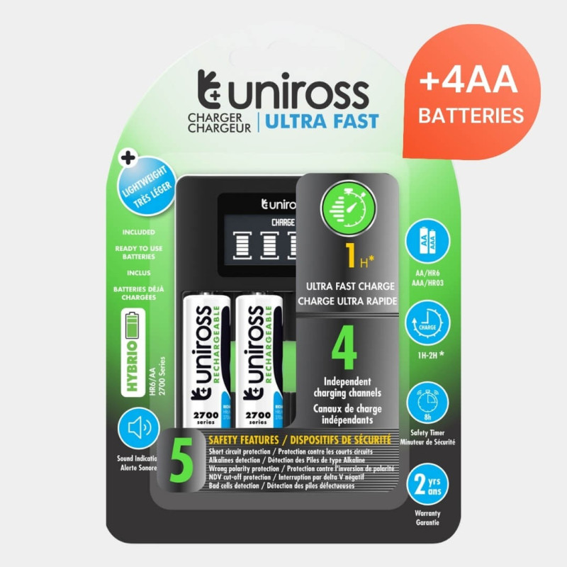 Chargeur Uniross Ultra Fast LCD Charger avec 4 piles AA