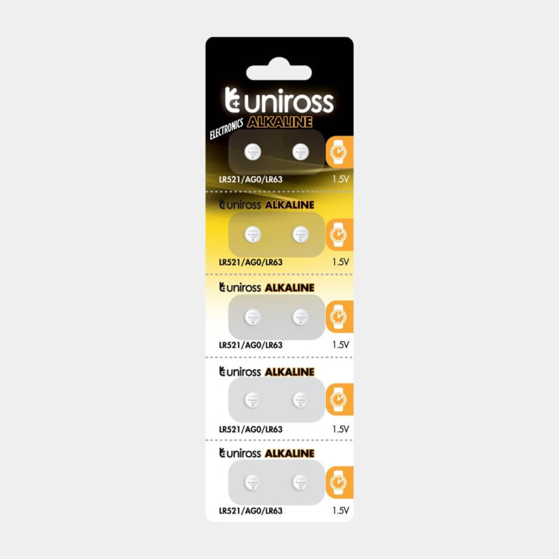 10 Piles AG0 / LR521 / LR63 Uniross Alcaline 1,5V