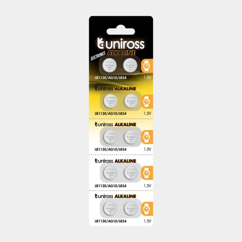 10 Piles AG10 / LR54 / LR1130 Uniross Alcaline 1,5V