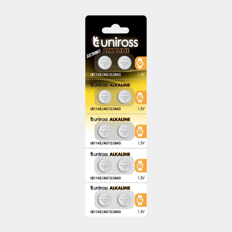 10 Piles AG12 / LR43 / LR1142 Uniross Alcaline 1,5V