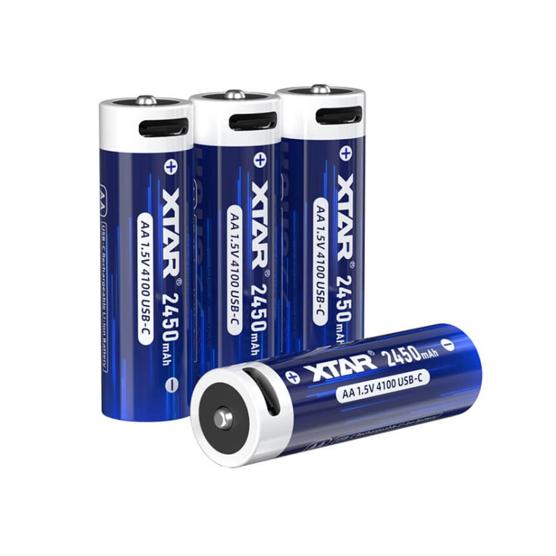 4 Piles Rechargeables USB-C AA / HR6 4100mWh 2450mAh Xtar Li-ion 1.5V
