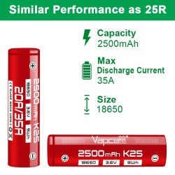 Pile Rechargeable INR18650 K25 Vapcell Li-ion 3,6V 2500mAh 20A