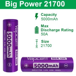 Pile Rechargeable INR21700 H50 Vapcell Li-ion 3,6V 5000mAh 50A