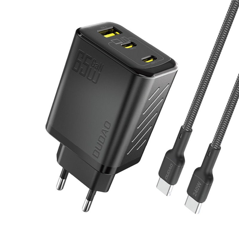 Chargeur Secteur GaN 2x USB-C 1x USB-A 65W Dudao A29C + Câble USB-C - Noir