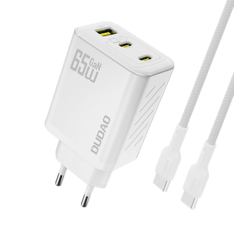 Chargeur Secteur GaN 2x USB-C 1x USB-A 65W Dudao A29C + Câble USB-C - Blanc