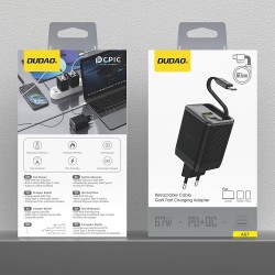 Chargeur Secteur GaN 2x USB-C 1x USB-A 67W Dudao A67 + Câble Rétractable USB-C - Noir