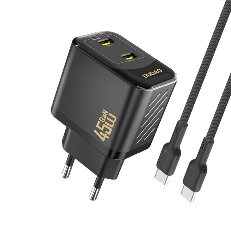 Chargeur Secteur GaN 2x USB-C PD 45W Dudao A28PC + Câble USB-C - Noir