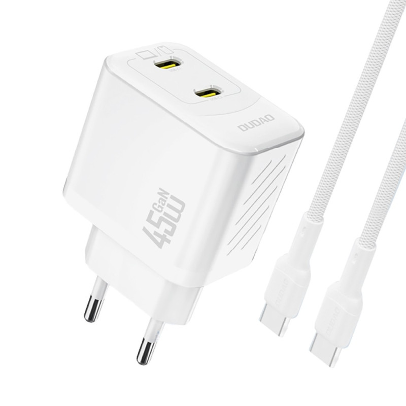 Chargeur Secteur GaN 2x USB-C PD 45W Dudao A28PC + Câble USB-C - Blanc