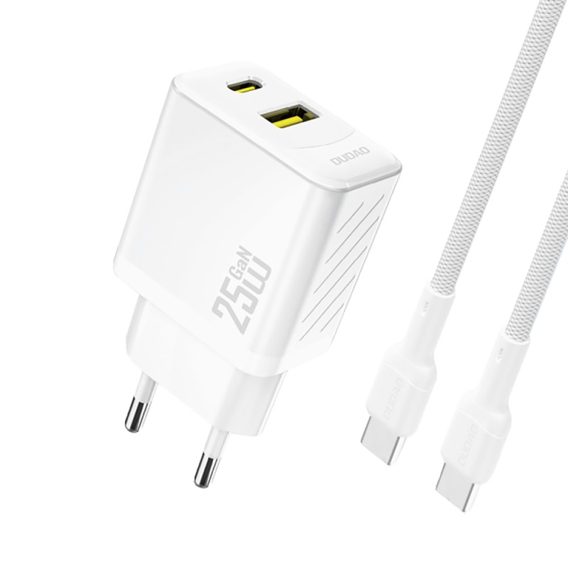 Chargeur Secteur GaN USB-C USB-A PD QC 25W Dudao A26TC + Câble USB-C - Blanc