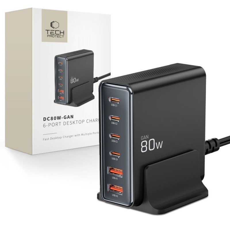Station de Charge GaN 4xUSB-C 2xUSB-A PD80W QC3.0 Tech-protect DC80W-GAN