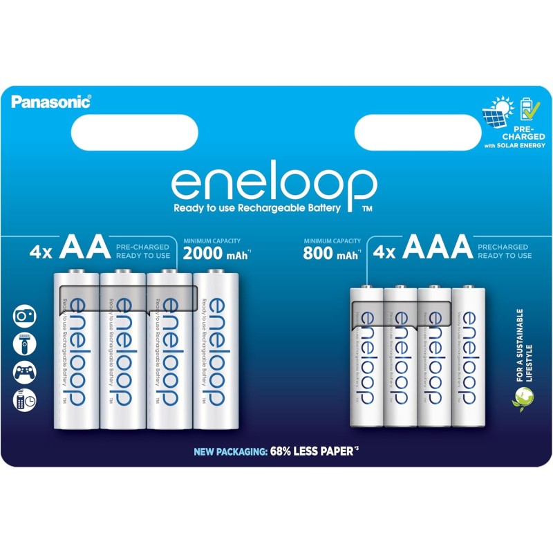 4+4 Piles Rechargeables AAA 800mAh et AA 2000mAh Panasonic Eneloop BK-KJMCDE44E