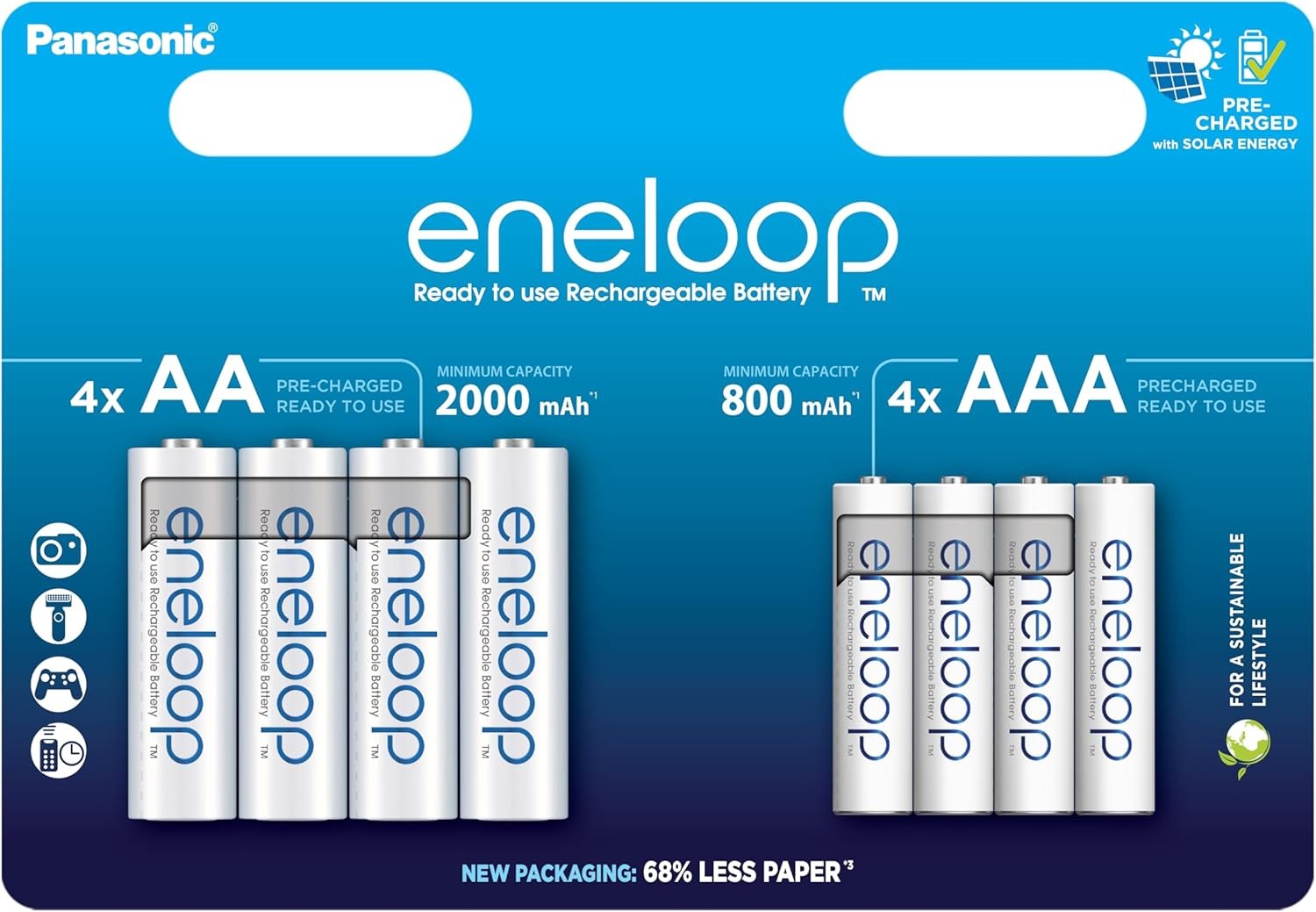 4+4 Piles Rechargeables AAA 800mAh et AA 2000mAh Panasonic Eneloop BK-KJMCDE44E