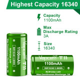 Pile Rechargeable INR16340 RCR123A T11 Vapcell Li-ion 3,7V 1100mAh 3A